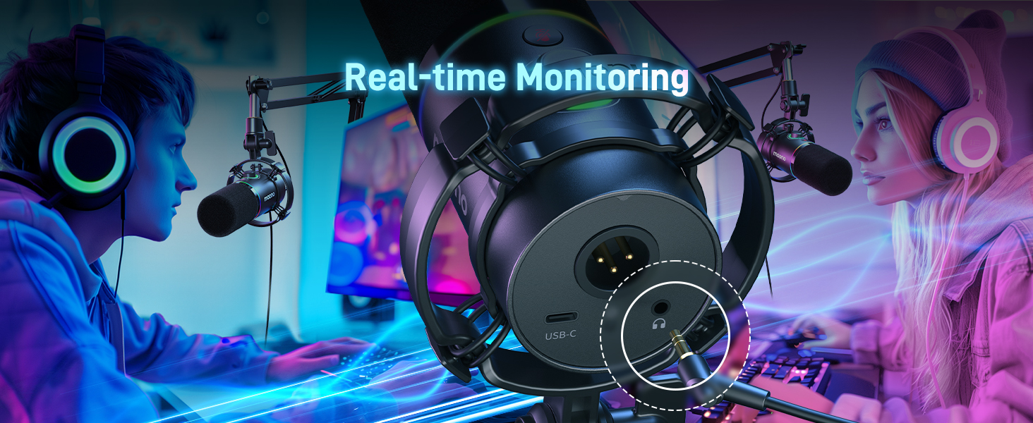 MAONO PD200X 安裝在吊臂上，展示了與 3/8 英吋和 5/8 英吋轉接器的兼容性。