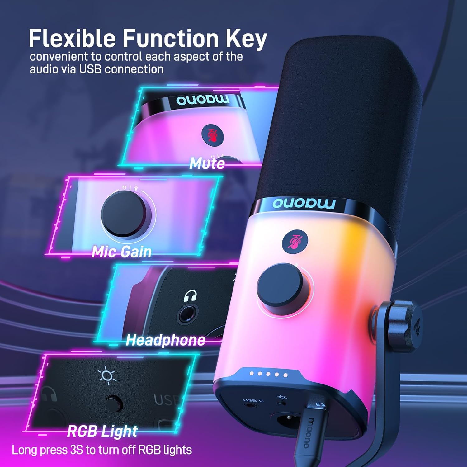 MAONO PD100X 麥克風特寫，圖中可見靜音按鈕、麥克風增益旋鈕、耳機插孔和 RGB 燈光按鈕。