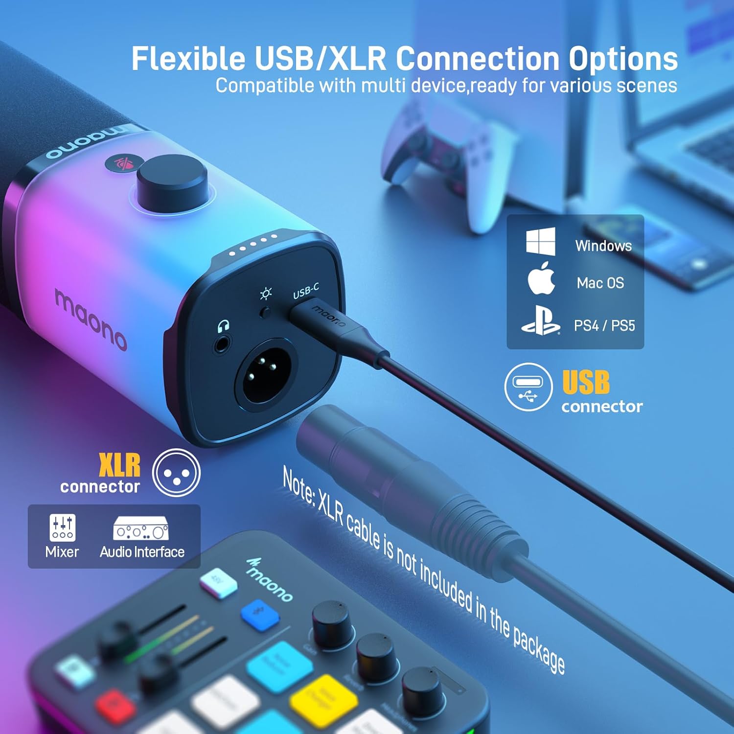 圖示展示了 MAONO PD100X 麥克風的 USB-C 和 XLR 連接選項，相容於 Windows、Mac OS、PS4/PS5、混音器和音訊介面。