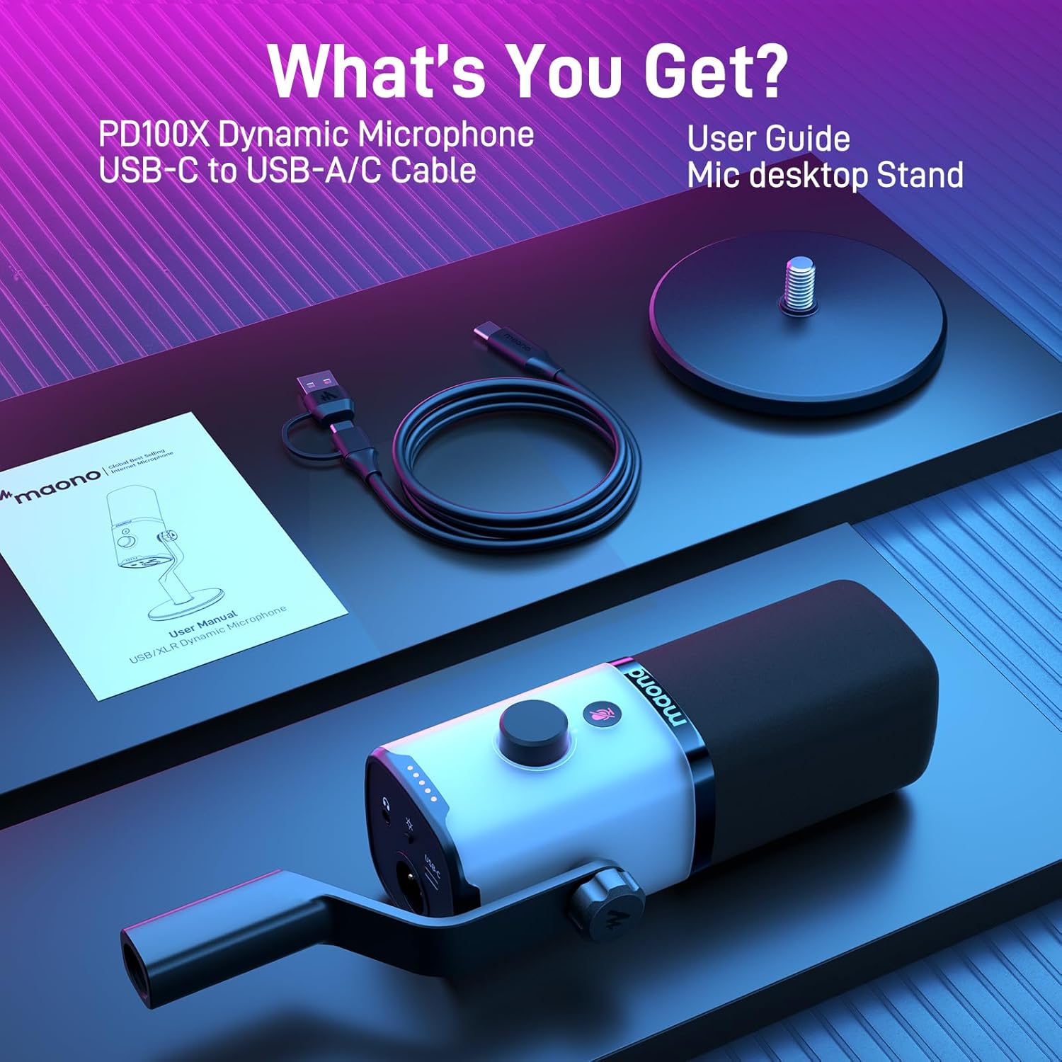 MAONO PD100X RGB 麥克風包裝盒內含：麥克風、支架、USB 線和使用手冊